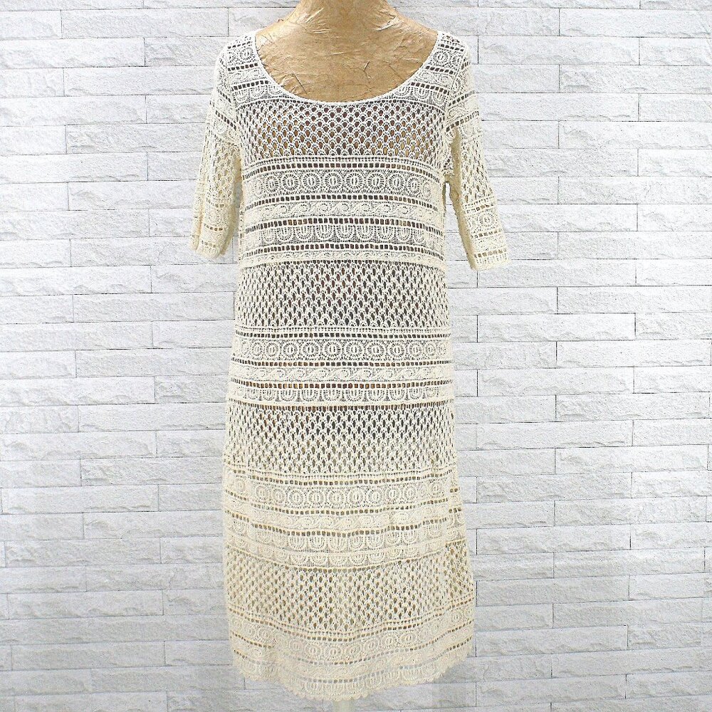 SOLITAIRE Dress Crochet Mini Floral Short Sleeve Cover-up Neutral Ivory Cream SM